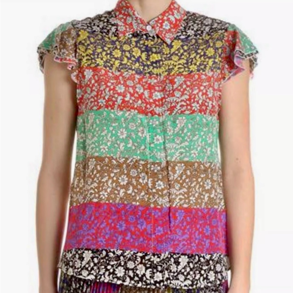 Alice + Olivia Silk Multicolored Floral Print Striped Button Down Blouse Size M